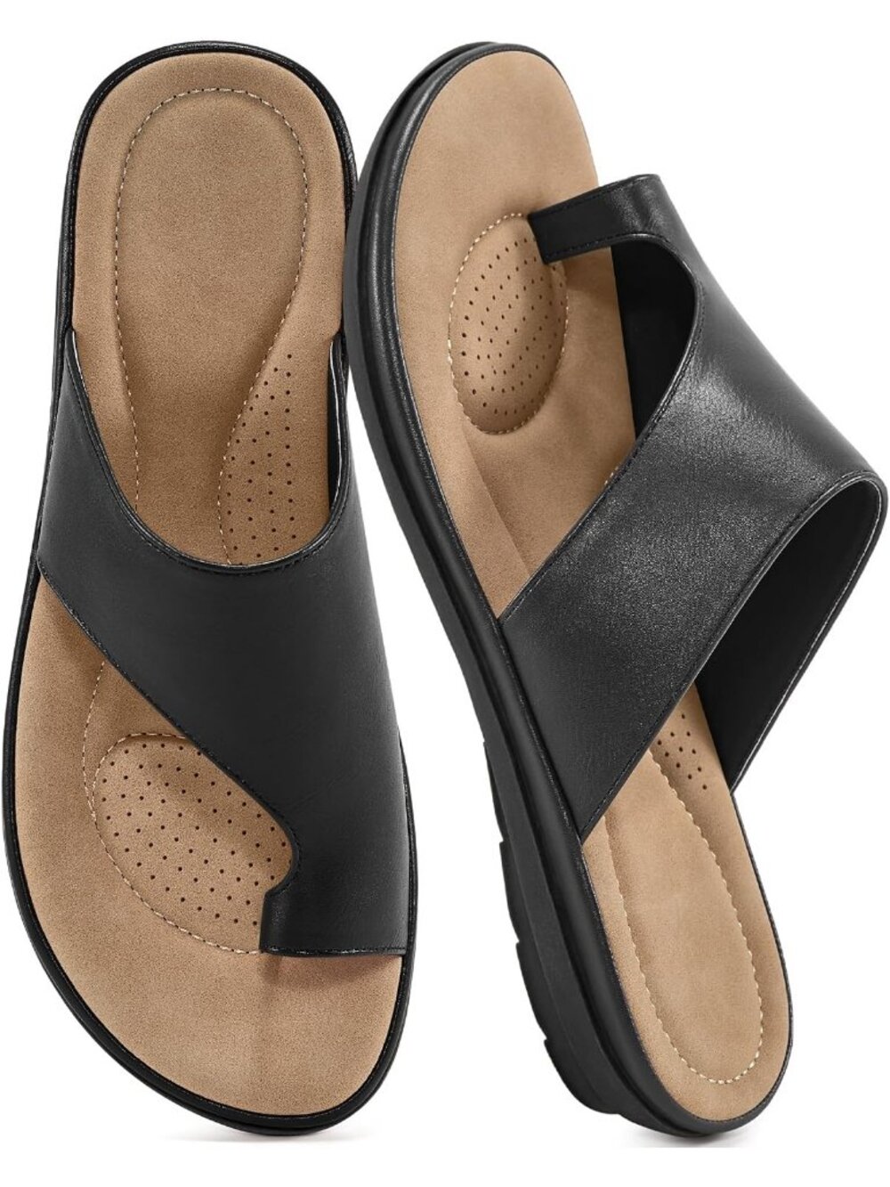 Women's Black Leather Summer Flats Dressy Slides Soft Orthopedic Casual Shoes